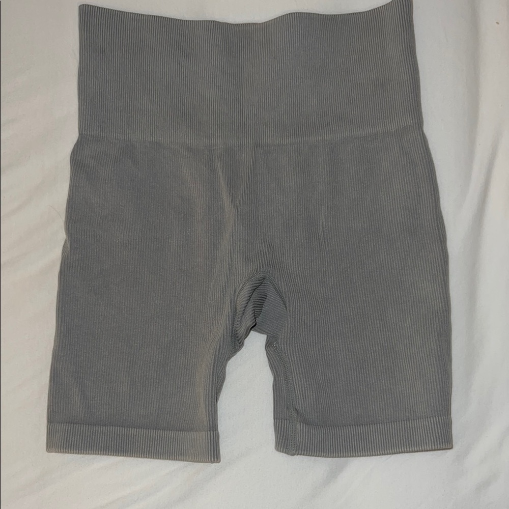 Gray Ribbed High-Waist Biker Shorts